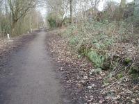 Open for three years, and closed for over one hundred and forty, the platform of the first Ribbleton station still lies in the undergrowth alongside the old trackbed. Now completely surrounded by houses it was obviously less well placed when it opened in 1863 and closed in 1866, although it apparently saw occasional use for the nearby Fulwood Barracks thus ensuring the platform's survival. View along the Longridge branch cyclepath trackbed towards Ribbleton (Gammer Lane) about half a mile from here [See image 19385] beyond which the line continued to Longridge itself.<br><br>[Mark Bartlett 28/02/2010]