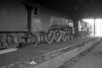 Inside looking out. The closed (since April 1962) and unlit shed at Galashiels, seen here in January 1964. The building was being used at that time to store A4 no 60026 <i>Miles Beevor</i>, which languished here for a while on its way north to re-enter active service at Ferryhill shed, Aberdeen, 3 months later. The message chalked on the side of the tender reads <I>'Tank & boiler MT (empty!) 22/11/63'</I>. [See image 49090]<br><br>[Robin Barbour Collection (Courtesy Bruce McCartney) 12/01/1964]