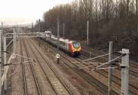 Voyager 221108 on a Birmingham New Street - Glasgow Central service approaching Larkfield Junction on 16th February 2010. To the left was Gushetfaulds freight terminal, now the site of major engineering works in connection with the M74 extension. <br><br>[Graham Morgan 16/02/2010]