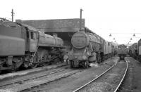A crowded Stoke-on-Trent shed in 1965 with 75006 and 48131 nearest the camera. Latterly coded 5D, Stoke shed had an allocation of over 80 steam locomotives at this time. Hard to believe that just two years later the shed had closed and the site was in the process of being redeveloped.<br><br>[Robin Barbour Collection (Courtesy Bruce McCartney) //1965]
