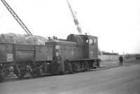 Wagonloads of esparto grass being taken away from the dockside at Granton on 16 March 1970. The locomotive is Barclay 0-4-0 no D2413 of Leith Central depot.<br><br>[Bill Jamieson 16/03/1970]