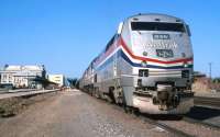 Headed by a recently-built GE <I>Genesis</I> locomotive, the westbound California Zephyr from Chicago waits at Denver's Union station in the summer of 1994. The train is preparing for the long slog through the Rockies. At that time, the <I>Genesis</I> - 14 lower than its predecessor F40 - was the only locomotive type which could operate over every Amtrak route.<br><br>[David Spaven //1994]