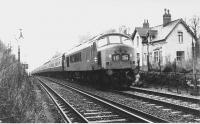 Class 45 <I>Peak</I> No. 129 breasts the summit of the Lickey incline, with a train bound for the north east. The train is running through the site of Blackwell station, closed in 1966 and already demolished by this time although the railway cottages and access footpath can still be seen. The lamps on the trackside provided illumination for guards pinning down the brakes of loose coupled freights before they started the 1:37 descent of the Lickey. <br><br>[Mark Bartlett /11/1971]