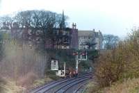 The burnt out Largs signal box photographed from the south on the day of the fire in 1985. [See image 28149]<br><br>[Colin Miller //1985]