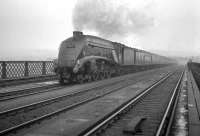 View north over the King Edward Bridge towards Newcastle in the 1960s with mist hanging over the city and the River Tyne. Kings Cross A4 no 60029 <I>Woodcock</I> has just left Central station with a southbound train and is now heading for home.<br><br>[K A Gray //]