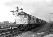 Class 25 no 5177 passes Wath Road Junction near Mexborough with a southbound express freight off the Swinton and Knottingley Joint line on 17 August 1970. The freight is about to cross over the four tracks running between the east end of Wath Yard and Mexborough / Swinton.<br>
<br><br>[Bill Jamieson 17/08/1970]