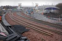 View east at Bathgate on 3 April 2010 with the station progressing and the First ScotRail depot on the right.<br><br>[Bill Roberton 03/04/2010]