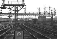 A Class 40 arrives at Aberdeen in March 1973 with an express from the south. The reinforced Aberdeen South signal box stands on the right. <br>
<br><br>[John McIntyre /03/1973]