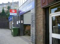 Main entrance to Port Glasgow station from the junction of Station Road ad Princes Street seen on 2 April 2010.<br><br>[Veronica Inglis 02/04/2010]