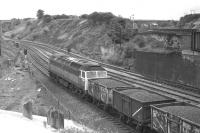 Brush Type 4 no D1564 heads an eastbound unfitted coal train from Wath Yard towards Mexborough and Doncaster on Monday 17th August 1970. The train is passing under the former Midland main line from Leeds to Rotherham and Sheffield.<br><br>[Bill Jamieson 17/08/1970]