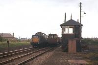 A Clayton on a ballast train stands alongside the closed Crew Junction signal box in the summer of 1966.<br><br>[Frank Spaven Collection (Courtesy David Spaven) //1966]