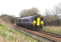 The scheduled 14.34 arrival at Girvan on the northern approach to the station on 9 April.<br><br>[Colin Miller 09/04/2010]