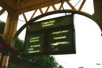 Pre-electronic departure information at Port Glasgow in July 1997. <br>
These were operated by station staff simply flicking an on-off switch on a panel, one for each station. As this was an all stations service Woodhall and Hillington East should also have been lit up, as well as of course the Paisley above '(St James)'. The remaining gap, after Cardonald, can surely only have been occupied by Ibrox, being the last intermediate station before Glasgow Central to close, 30 years before this photograph and a year after the closure of Shields Road in 1966.Thus we can date this specimen pretty accurately.<br>
<br><br>[David Panton /07/1997]