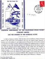 To commemorate the 80th anniversary of the Caledonian Steam Packet Company on 1 June 1969, The Clyde River Steamer Club chartered a steamer the day before. On board it was possible to purchase a special envelope which had been produced to commemorate the anniversary and post it on board the boat so that it received a commemorative frank.  The envelope and its contents are shown.<br>
<br><br>[John McIntyre 01/06/1969]
