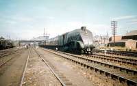 60024 <I>Kingfisher</I> passes Haymarket shed with a westbound train on 4 July 1959. The rear coach has just cleared the bridge carrying the Caledonian suburban line across the E&G between Murrayfield and Dalry Road with Coltbridge Junction signal box standing on the embankment above the locomotives stabled on the left.<br>
<br><br>[A Snapper (Courtesy Bruce McCartney) 04/07/1959]