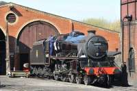 On the morning of Sunday 11 April, class 5MT no 44871 is cleaned as it rests on shed at Bo'ness. The locomotive, along with classmate no 45407, had arrived here the previous night after working Glasgow - Stranraer and return with <i>The Great Britain III</i> railtour.<br>
<br>
<br>
<br><br>[Andy Carr 11/04/2010]