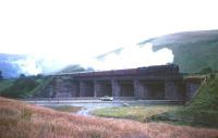 A Britannia Pacific, with the help of a hard working banker, takes a northbound train across the A74 on Harthope Viaduct in the early sixties on the climb towards Beattock summit.  <br><br>[Robin Barbour Collection (Courtesy Bruce McCartney) //]