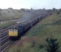 Class 25 No. 25276 heads a long rake of 22 parcels vans south from Preston on the Up Fast line at Farington Curve Junction in 1979. As D7626 this was one of the batch of Sulzer Type 2 locomotives built by Beyer Peacock at Gorton emerging in 1965. It was withdrawn from Bescot in 1982 and cut up at Swindon three years later but sister loco D7629 is preserved on the GCR(N) at Ruddington. <br><br>[Mark Bartlett 18/08/1979]