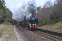 Plenty of effort on display as Britannia Pacific 70013 <I> Oliver Cromwell </I> and 61994 <I>The Great Marquess </I> double head <I> The Great Britain III </I> through the closed station at Daviot on the climb from Culloden Viaduct to Moy on 13 April.<br><br>[John Gray 13/04/2010]