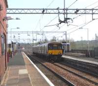 You don't have to wait long to see a train at Newton, though most of <br>
them are either whooshing by on the WCML which bypasses it and which <br>
also carries local services via Bellshill, or are Larkhall trains which don't stop here. Nevertheless the Glasgow-bound platform sees four departures an hour during the day, each with a different route. 318 263 for Milngavie has picked up quite a crowd on this fine Saturday lunchtime on 24 April. <br>
<br><br>[David Panton 24/04/2010]