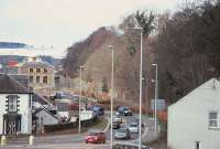 View north from the Station Brae bridge in Galashiels on 2nd April. The new Galashiels station (single platform) will be located on a broadly north-south alignment in the area of the copper beech hedge in the middle distance.<br><br>[David Spaven 02/04/2010]