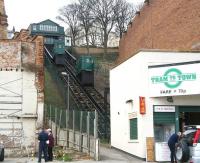 Of the 5 funiculars that once served the town of Scarborough only 2 remained operational in 2010. The most popular of these is the Central Tramway, a 71m long, standard gauge, 1 in 2 funicular, opened in 1881 by the Central Tramway Company and originally driven by steam (the system was converted to electrical operation in 1910). The lower station on Foreshore Road is seen here on 22 March 2010. For the upper station [see image 26862]. <br>
<br><br>[John Furnevel 22/03/2010]