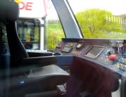 Cab interior of one of the new Edinburgh trams - photographed during a static exhibition on Princes Street on 29 April 2010.  <br><br>[Colin Miller 29/04/2010]