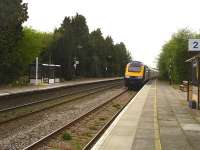 HST 43022 leads the 17.05 First Great Western service to London Paddington into Shipton Station. The HST stop board is some 130m distance beyond the station to leave only the rear two coaches accessible by the platform. <br><br>[David Pesterfield 29/04/2010]