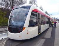 Edinburgh tram on display at The Mound tram stop on Princes Street on 29 April 2010.<br><br>[Colin Miller 29/04/2010]