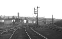 Bathgate (Upper) station, closed to passengers in January 1956, seen from the west in February 1970, showing the junction of the Avonbridge and Airdrie lines.<br><br>[Bill Jamieson /02/1970]
