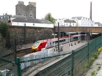 View over Haymarket station on 29 April 2010 from the balcony seating at Starbucks. The Virgin Trains 0820 Birmingham New Street - Edinburgh Waverley is making its penultimate stop. <br><br>[John Furnevel 29/04/2010]