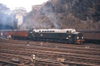 One of a batch of 18 new EE Type 4 locomotives delivered to Gateshead MPD just a few days earlier, no D243 makes an appearance at Waverley on 9 April 1960 with the up <I>Flying Scotsman</I>. Is that a bullion coach immediately behind the locomotive? [With thanks to Bill Jamieson]  Update - from Dave Franks 'the coach behind the loco is an LNE Thompson 'matchboard' full brake built post war. It is still available as a kit in 4mm scale.'<br><br>[Frank Spaven Collection (Courtesy David Spaven) 09/04/1960]