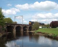 Super power for a short nuclear flask train as 66427 and 66423 cross a tranquil River Wyre at Scorton heading south on 8 May. This was an unexpected bonus while I was waiting for the <I>Duchess of Sutherland</I> steam special to pass this point heading for Carlisle.<br><br>[Mark Bartlett 08/05/2010]