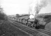 Gresley D49 no 62721 <I>Warwickshire</I> passing Hawick North box with a down Waverley route freight, thought to have been taken in 1958. The locomotive was withdrawn from St Margarets shed in August of that year and cut up at Darlington Works the following month.<br><br>[Robin Barbour Collection (Courtesy Bruce McCartney) //1958]