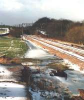 End of the line. Looking towards Manchester along the remaining section of former Woodhead route in February 1988 some 500m beyond Penistone Station.<br><br>[David Pesterfield 10/02/1988]