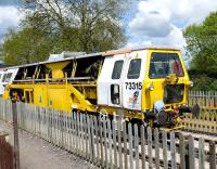 RSS Tamper 73315 stands at Blunsdon on the Swindon & Cricklade Railway on 15 May 2010 having been brought in to fettle ballast on the Mouldon Hill extension.<br><br>[Peter Todd 15/05/2010]