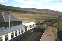 An unexplained movement at Achnasheen in the spring of 1979. A westbound train with observation car seems to have worked wrong line into the station - and what is the locomotive doing?<br><br>[Frank Spaven Collection (Courtesy David Spaven) //1979]