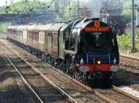 Stanier Pacific no 6233 <I>Duchess of Sutherland</I> sporting the <I>Royal Scot</I> headboard climbs from Balshaw Lane Junction on the Down Fast line on the 1Z33 Milton Keynes to Carlisle special on 22 May 2010 near to Euxton Balshaw Lane station. <br>
<br><br>[John McIntyre 22/05/2010]