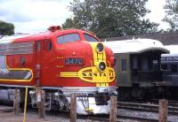 Classic Atchison Topeka & Sante Fe F7A diesel no 347C (built 1949) at the California State Railroad Museum, Sacramento, in the summer of 2000. With their distinctive <I>Warbonnet</I> livery, the F7As were renowned as traction for the iconic <I>Super Chief</I> between Chicago and Los Angeles in the 1950s and 60s.<br>
<br><br>[David Spaven //2000]