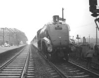 The MRTS <i>Mancunian</i> (aka the <i>Lancs & Yorks Rambler</i>) from Leeds City on a short photostop at Wigan North Western on 25 November 1967. The railtour was hauled throughout by A4 no 60019 <I>Bittern</I>.<br><br>[Robin Barbour Collection (Courtesy Bruce McCartney) 25/11/1967]