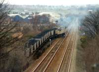 56090 makes a smoky exit as it climbs away from the British Oak Disposal Point exchange sidings at Calder Grove on 17 February 1993 and heads towards Wakefield. As of Feb 2016 56090 is now a Colas owned loco, but in store at the Boden Rail Washwood Heath workshops, the Procor wagon building site seen upper left is no longer a rail industry facility after being vacated by last occupier Bombardier, and the section of the M1 running across the upper part of the view has recently been converted to a four lane running Smart Motorway.   <br><br>[David Pesterfield 17/02/1993]