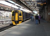 Bay Platform 5 at Perth is mostly the preserve of the hourly service to Edinburgh and here 158 789 waits to return to the capital on 31 May having arrived, slightly late, only a few minutes earlier. 158 789 transferred to Scotland still in South West Trains livery but after a spell was repainted in ScotRail blue in preparation for full branding.This was over two years ago and it is still going about 'bald'. No 158s have so far been given the 'Scotland's Railway' treatment; 156s, for some reason, are getting priority. <br>
<br><br>[David Panton 31/05/2010]