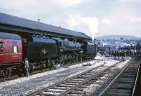 73069+73134 (leading) prepare to take out the MRTS/SVRS <I>North West Tour</I> from Stalybridge on 20 April 1968 on the next leg of the journey which was routed to Bolton via Hebden Bridge, Rose Grove and Blackburn.  The pair had taken over the train from 44949+45110, seen standing in the right background behind one or two photographers. [See image 29204]<br>
<br><br>[Robin Barbour Collection (Courtesy Bruce McCartney) 20/04/1968]