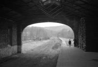 Looking west from under the impressive overall roof of the former Caledonian Railway station in Peebles, 12 years after the last passenger train ran in 1950.<br><br>[Frank Spaven Collection (Courtesy David Spaven) 03/02/1962]