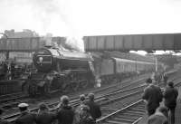 Arrival in Aberdeen of the BR Scottish Region <I>Last V2</I> excursion special from Edinburgh on 5 November 1966. Locomotive no 60836 of 62B Tay Bridge shed was officially withdrawn from operational service by BR the following month [see image 24572]. Note the gang of window cleaners at work on the coaches.<br><br>[Robin Barbour Collection (Courtesy Bruce McCartney) 05/11/1966]