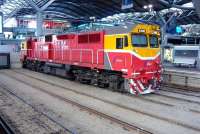 N466 'City of Warrnambool' (5'3' gauge) at the buffer stops at Melbourne's Southern Cross station on 25 May 2009 - note the dual gauge tracks nearer the camera. The photograph shows part of the much-vaunted roof structure [see image 23705] which doubtless led to this being named as one of the world's top ten railway stations in a recent poll.<br><br>[Colin Miller 25/05/2009]