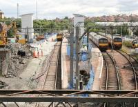 Craig Street bridge, Airdrie, looking east over the ongoing works on 14 June 2010, with all three lines occupied.<br><br>[John Furnevel 14/06/2010]