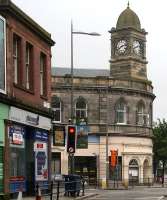 The north west corner and clock tower of Leith Central seen looking south from Constitution Street on Sunday 6 June 2010. <br><br>[John Furnevel 06/06/2010]