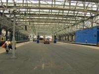 Looking towards the new large open area in front of the buffer stops at Platform 12 & 13 of Glasgow Central - convenient when the platforms are busy at peak times.<br><br>[Graham Morgan 20/05/2010]