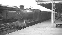 Collett 0-6-0 no 2242 stands at Hereford in the early 1960s, thought to have recently arrived on a service from Gloucester. Hereford shed was coded 86C (the shed plate carried by the locomotive) from January 1961 until closure in November 1964, the same month that saw closure of the Hereford - Gloucester line to passenger traffic. [With thanks to Bill Jamieson]   <br>
<br><br>[K A Gray //]